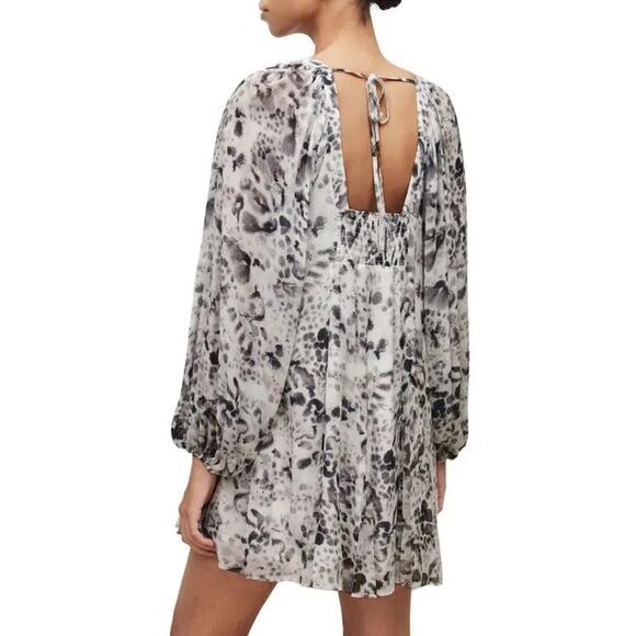 AllSaints Sanina Waktu Long Sleeve Mini Dress V-Neck Animal Print Size 2 NEW - Picture 2 of 11